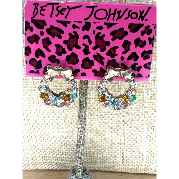 Betsey Johnson Wreath Earrings With Multicolor Crystals & Gold Bow Design Pierce - Picture 1 of 7
